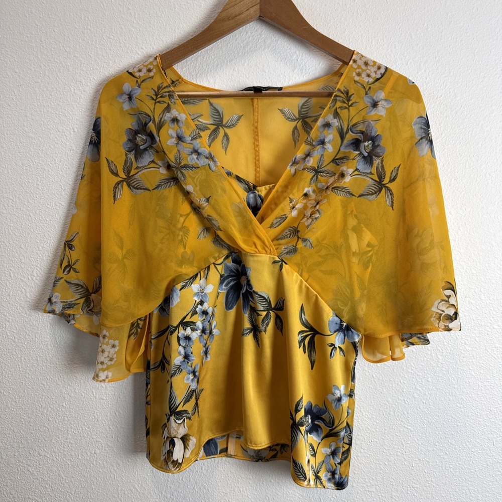 White House Black Market Floral Yellow Blue Deep V 3/4 Sleeve Blouse XS